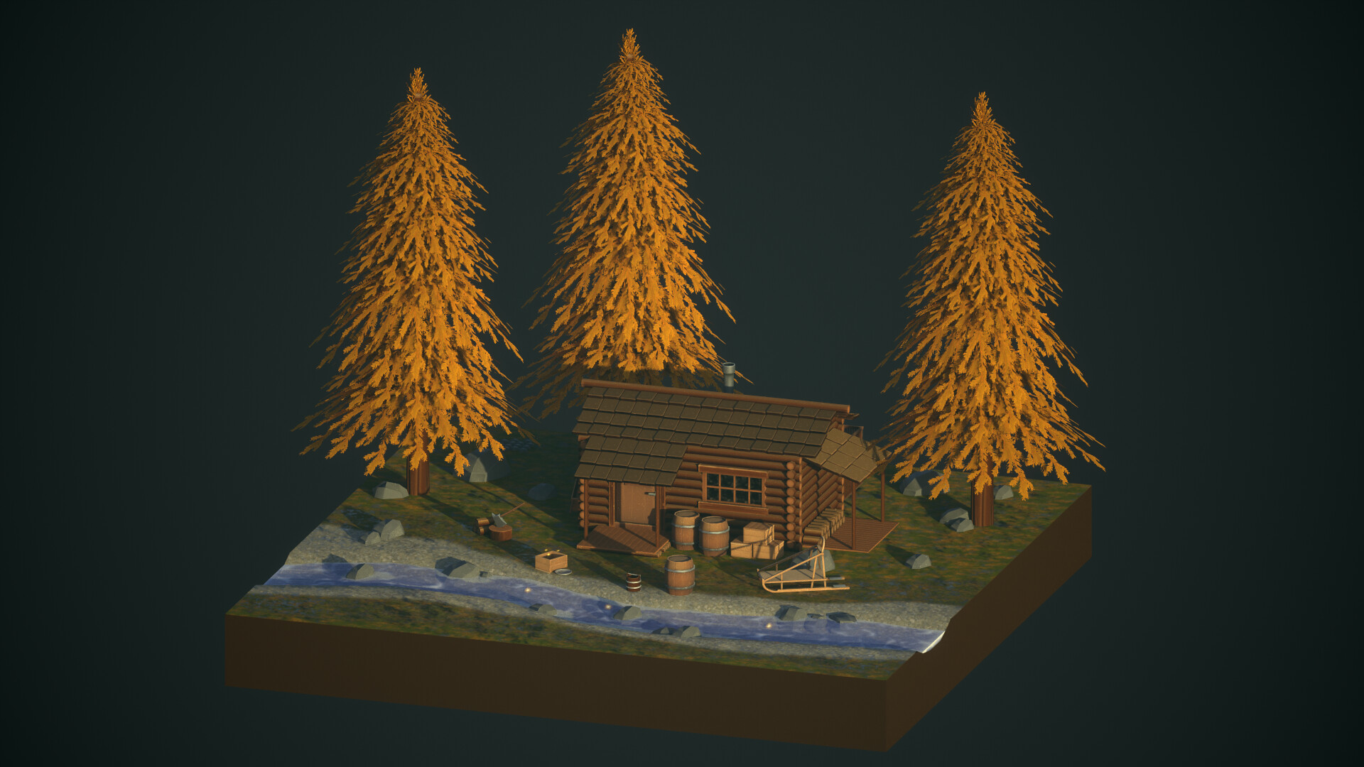 3d model of a cabin in the woods with a river passing by