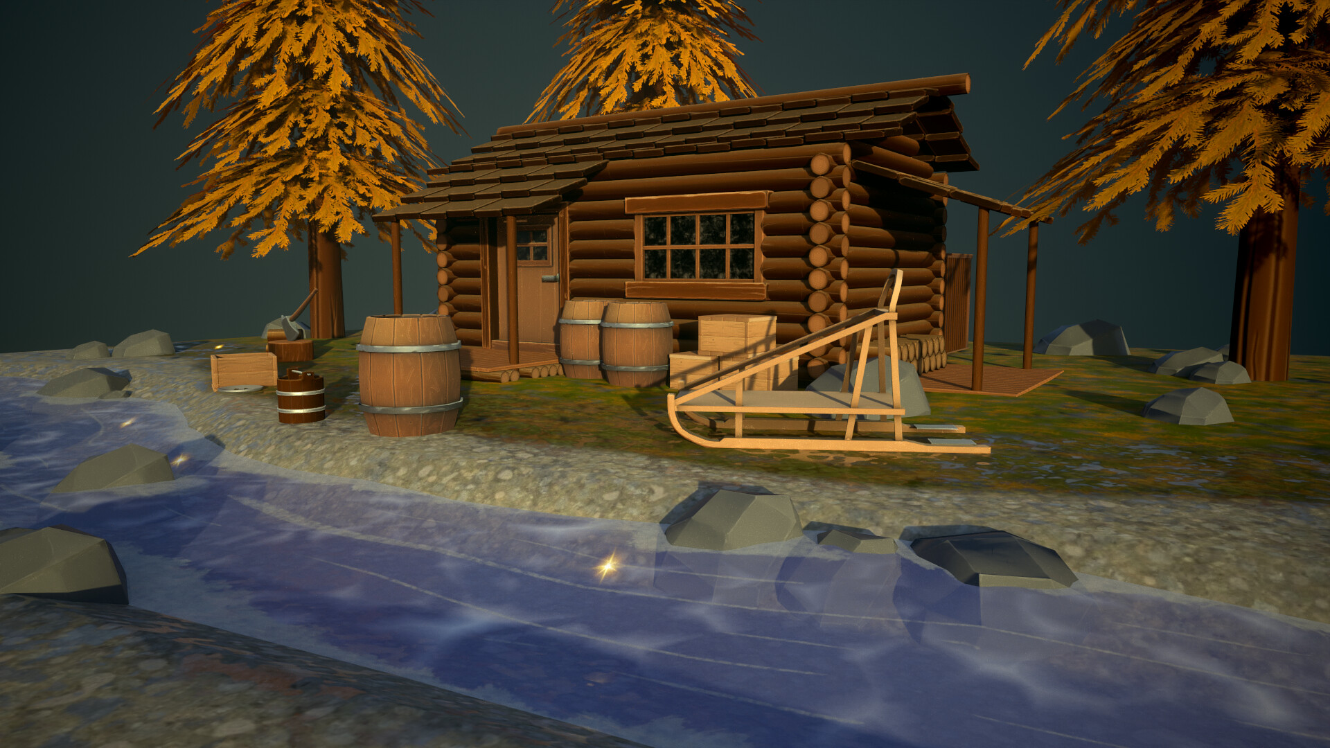 very close view of a 3d model of a cabin in the woods with a river passing by