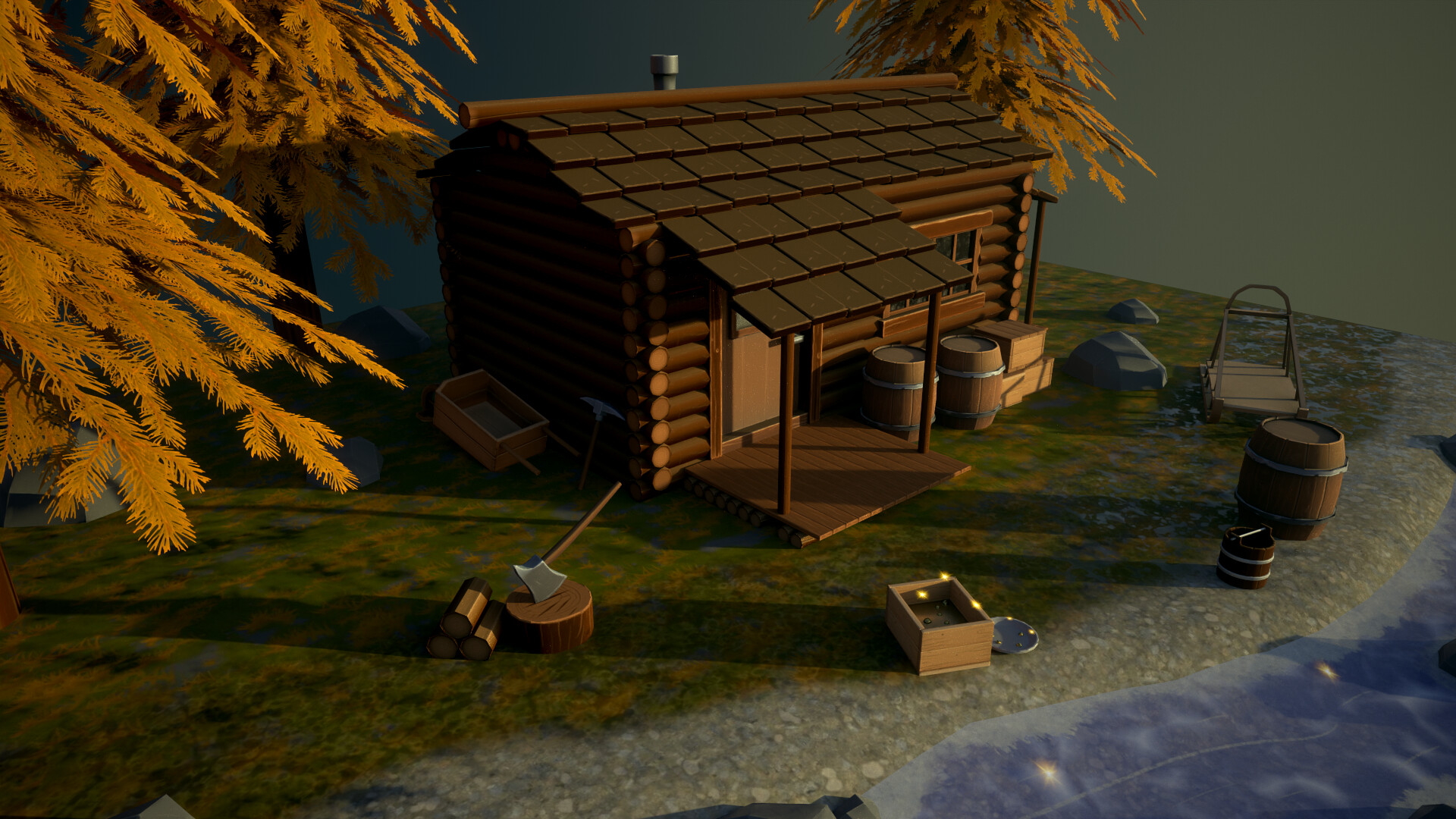 very close view of a 3d model of a cabin in the woods with a river passing by