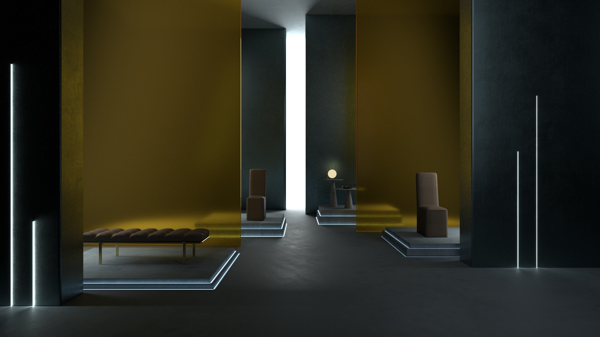 3d model of an interior design, two chairs, a bench, black walls and other transparent yellow