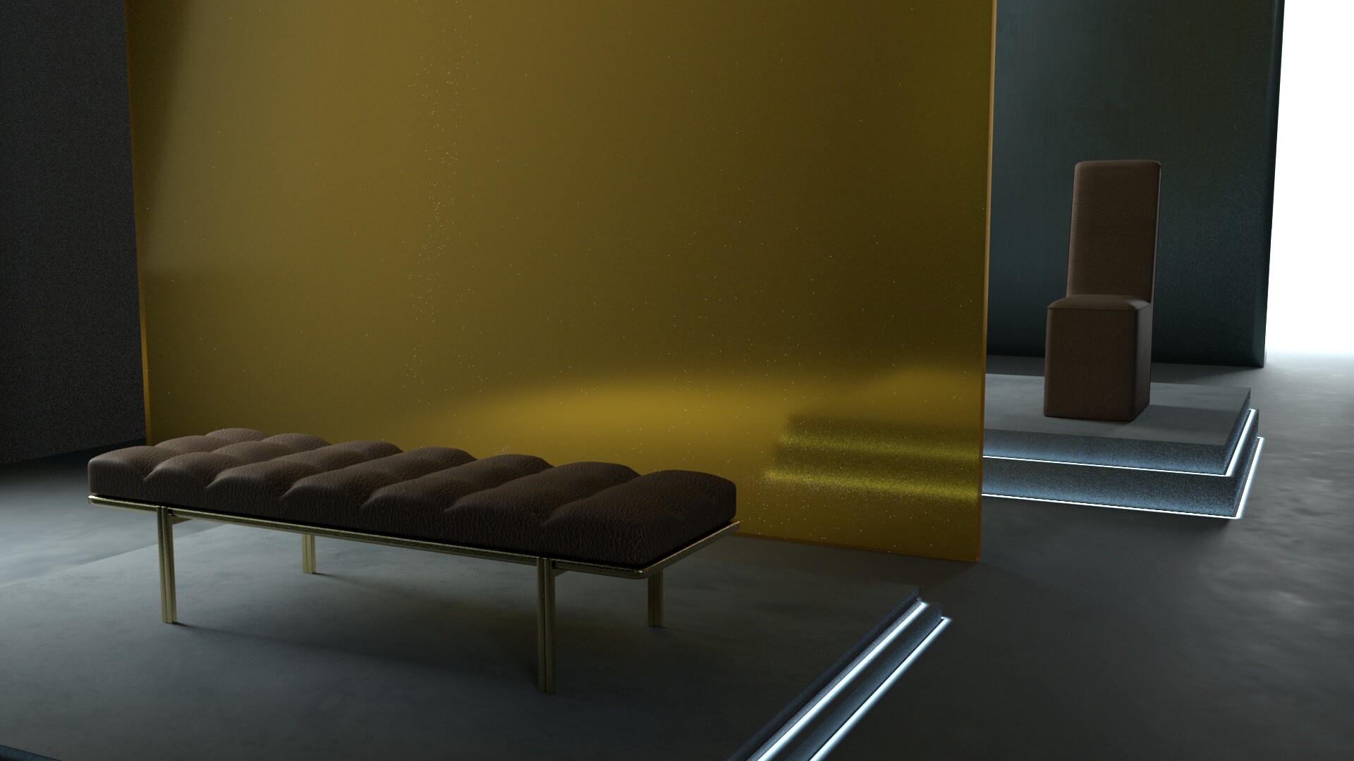 3d model of an interior design, focus on the bench and the transparent yellow wall