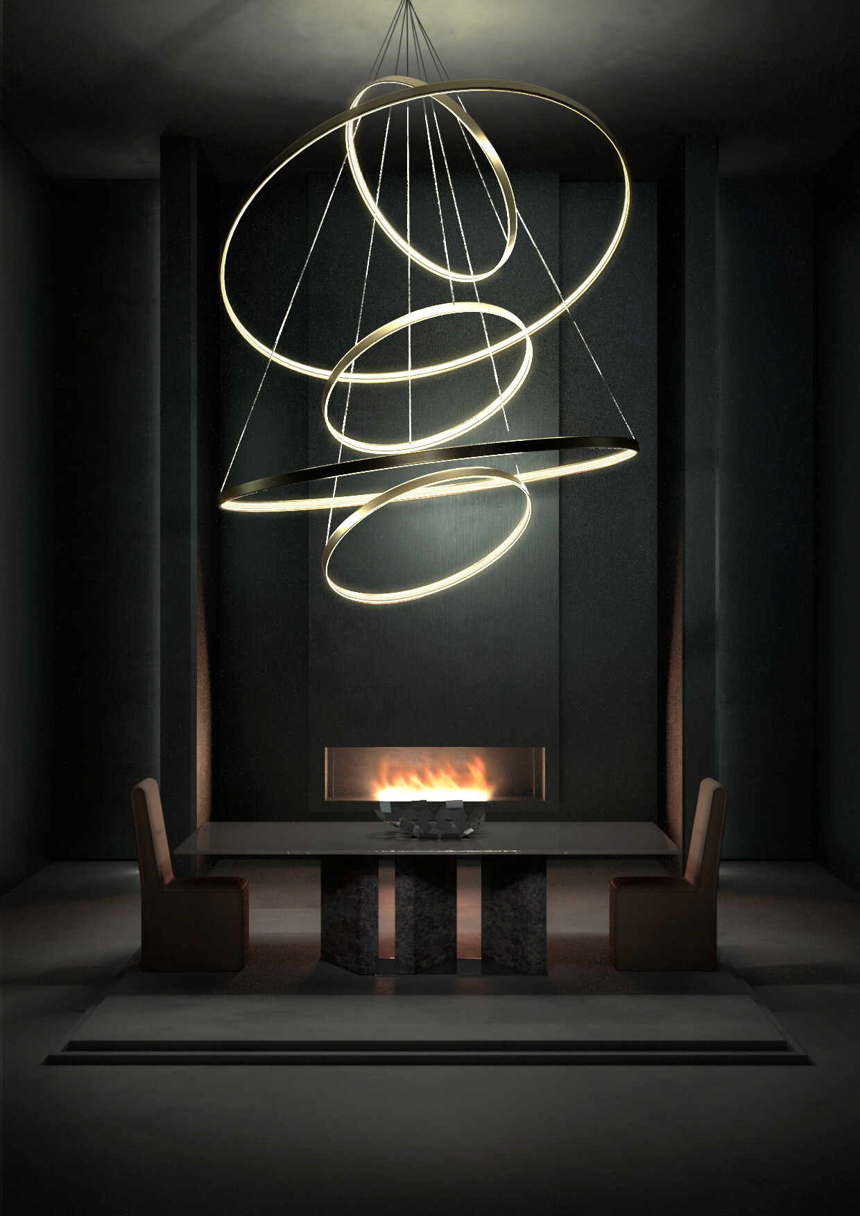 A 3D model of a very modern dining room